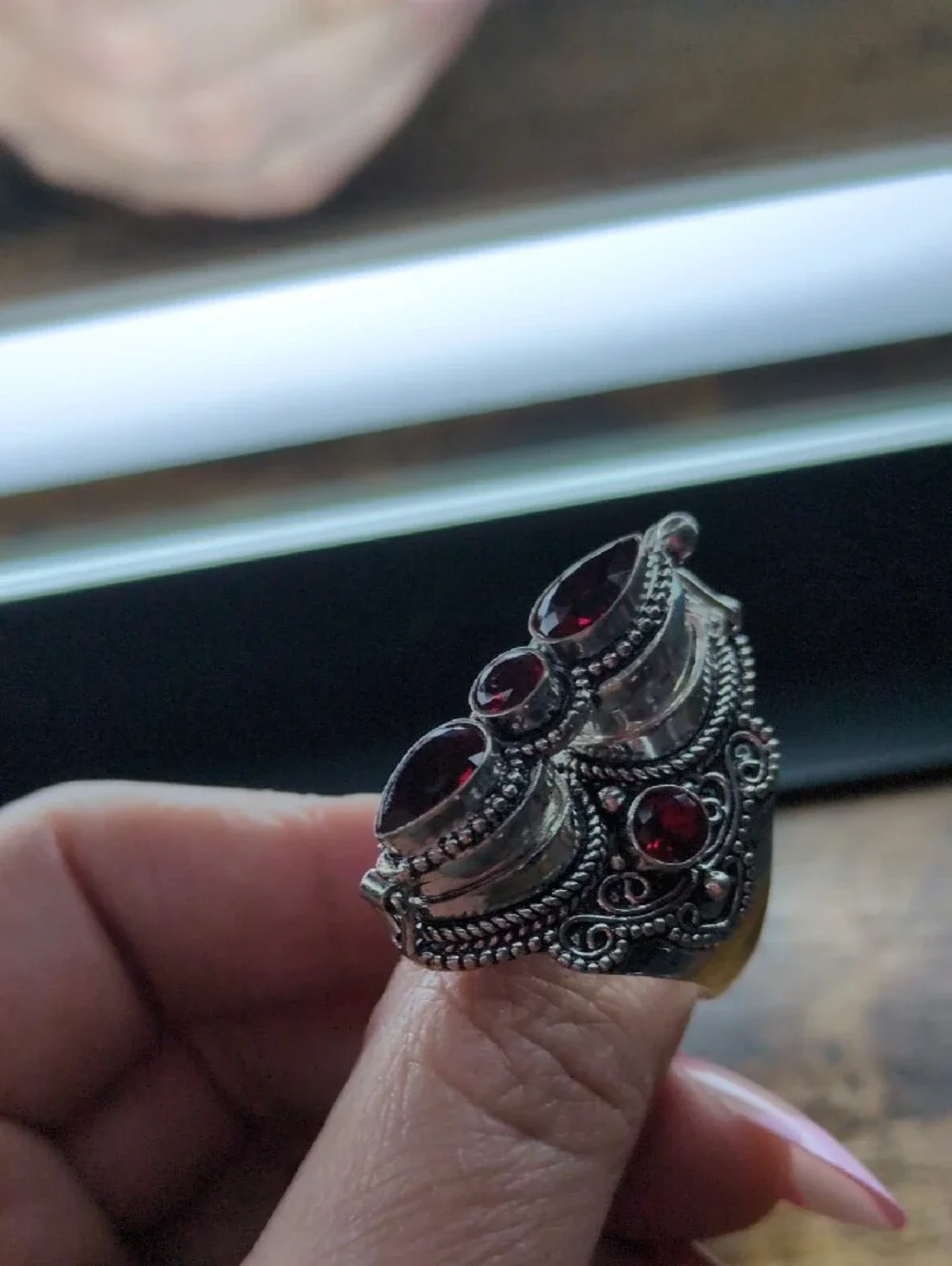 Vintage-Inspired Locket/Poison Ring with Red Garnet Stones+925 Silver